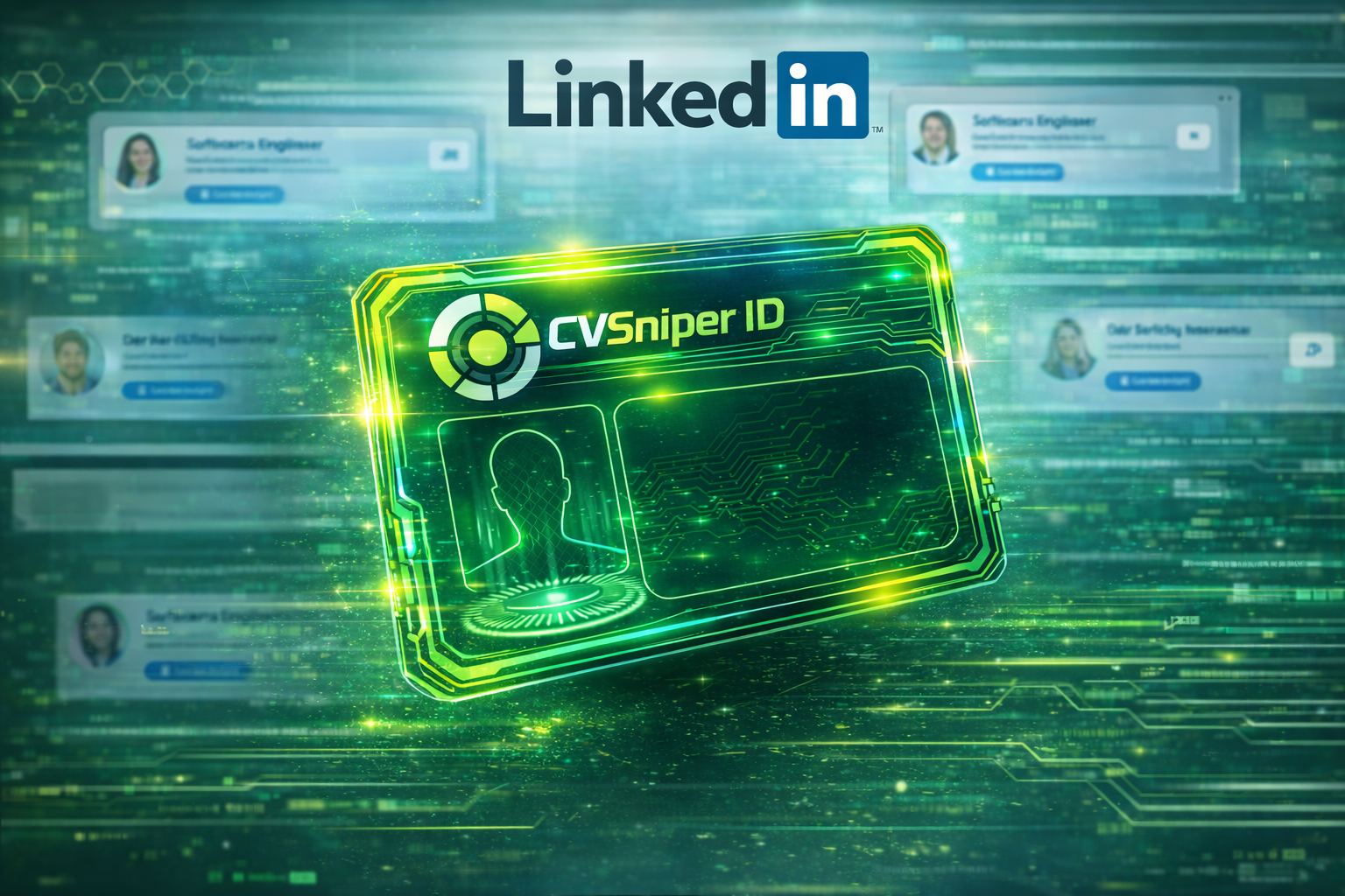 CVSniper ID card displayed over a LinkedIn-themed background.